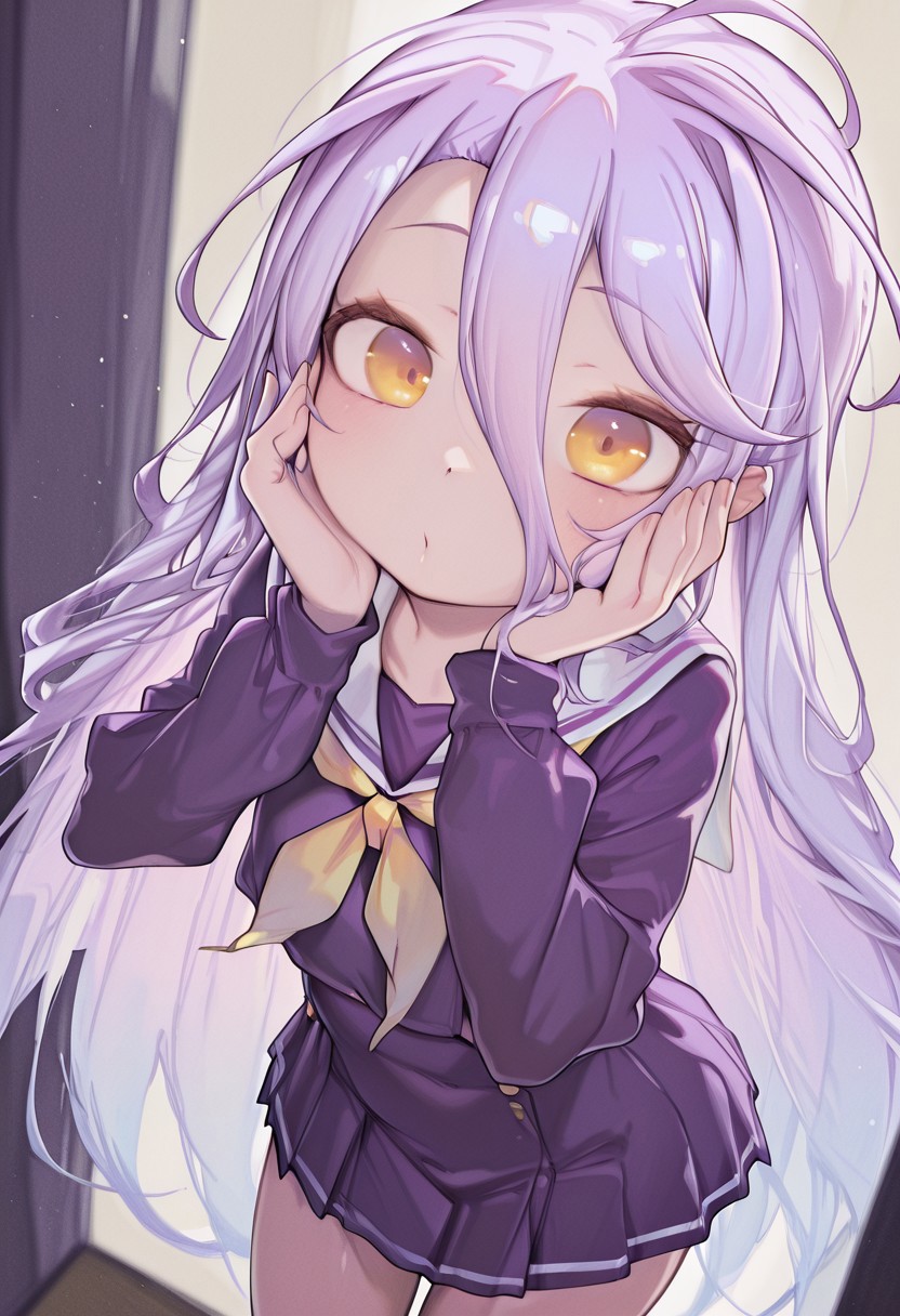 masterpiece, best quality, amazing quality, very aesthetic, absurdres, newest, 
iparupua, by iparupua, yyqw7151_illu, Henreader, petite, thin, short girl,
shiro \(no game no life\), 1girl, solo, flat chested, yellow eyes, purple shirt, white sailor collar, yellow neckerchief, purple skirt, pleated skirt,
looking at viewer, hands to cheek, cute, kawaii,
no game no life style,