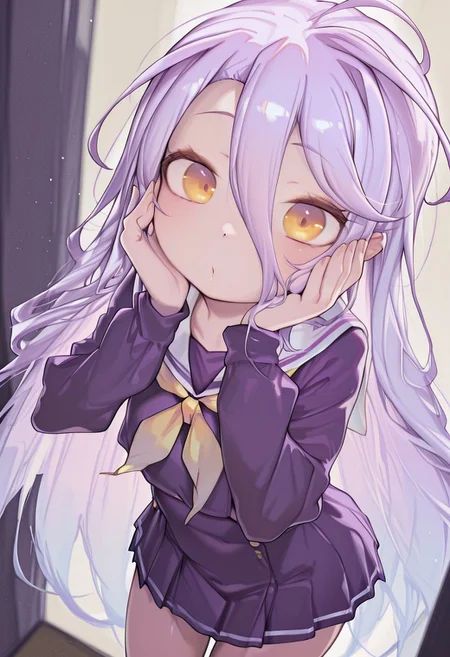masterpiece, best quality, amazing quality, very aesthetic, absurdres, newest, 
iparupua, by iparupua, yyqw7151_illu, Henreader, petite, thin, short girl,
shiro \(no game no life\), 1girl, solo, flat chested, yellow eyes, purple shirt, white sailor collar, yellow neckerchief, purple skirt, pleated skirt,
looking at viewer, hands to cheek, cute, kawaii,
no game no life style,