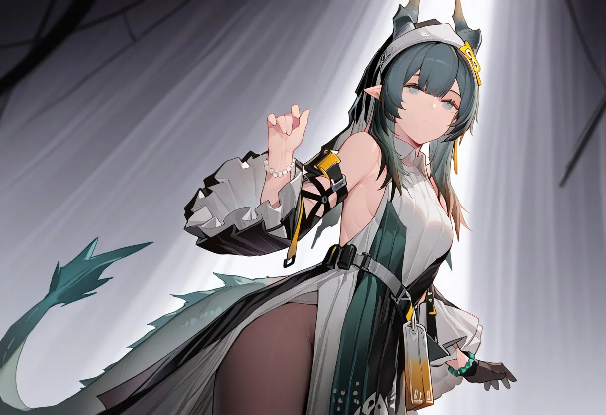 solo, 1girl, xaihi, bare_shoulders, sideboob, small_breasts, multicolored_dress, black_dress, green_dress, white_dress, belt_pouch, frilled_sleeves, frills, long_sleeves, wide_sleeves, single_glove, black_gloves, pearl_bracelet, bracelet, dragon_tail, green_tail, pantyhose,,
masterpiece,