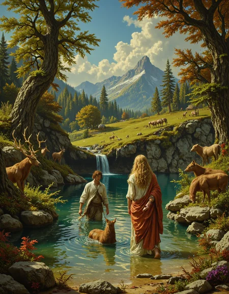 Rembrandt style This image is a highly detailed, surrealistic digital painting with a fantasy theme a painting of a woman and a man in the water, surrounded by animals and trees in the background. The woman is standing in the shallow water, with the man standing beside her, and the trees providing a lush backdrop. The colors are vibrant and the details are intricate, creating a beautiful and captivating scene., <lora:FluxMythR3alisticF:1> . Baroque, chiaroscuro, realistic, emotional, "flat lighting