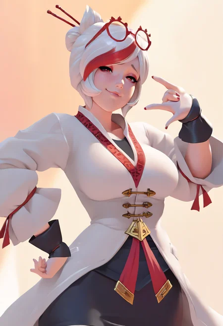 masterpiece, best quality, absurdres, 1girl,prhacn11, red-framed glasses, eyewear on head, red eyes, white hair, streaked hair, white coat, black shirt, black skirt, red trim, black cuffs, hair sticks, red nails, \\m/,hand up,smug <lora:prhac_n11:0.8> <lora:knorin_n11:1>