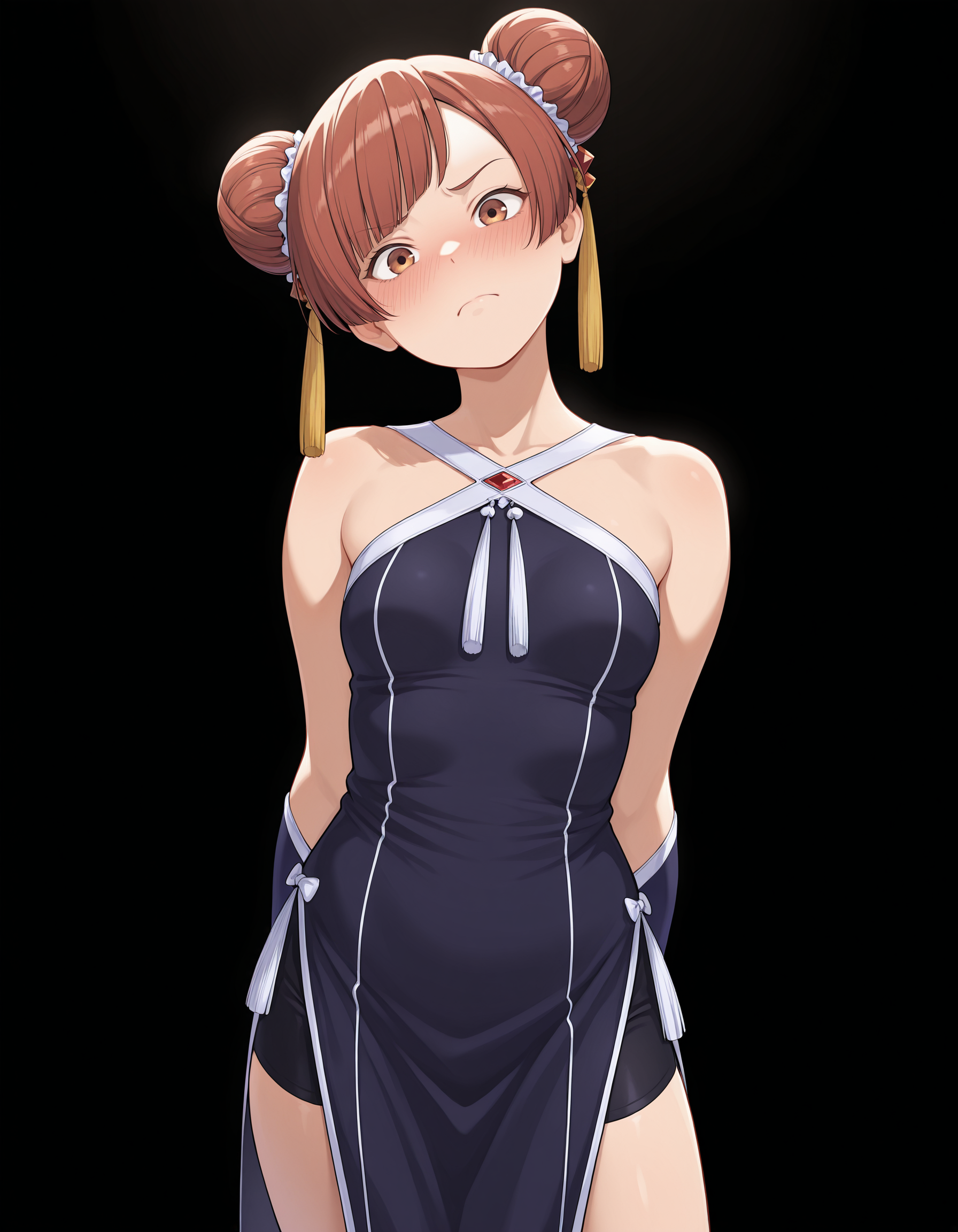 <lora:Laufen_1:1>1girl, solo, 
lauf3n, hair bun, double bun, brown eyes, brown hair, swept bangs, 
lauf3ndef, criss-cross halter, red gemstone, tassel hair ornament, bare shoulders, shorts under dress, black bike shorts, china dress, bridal gauntlets, blue boots,
standing, upper body, arms behind back, head tilt, body tilt, embarrassed, frown,  
looking at viewer, 
black background, simple background, 
small breasts,, masterpiece, best quality, amazing quality
