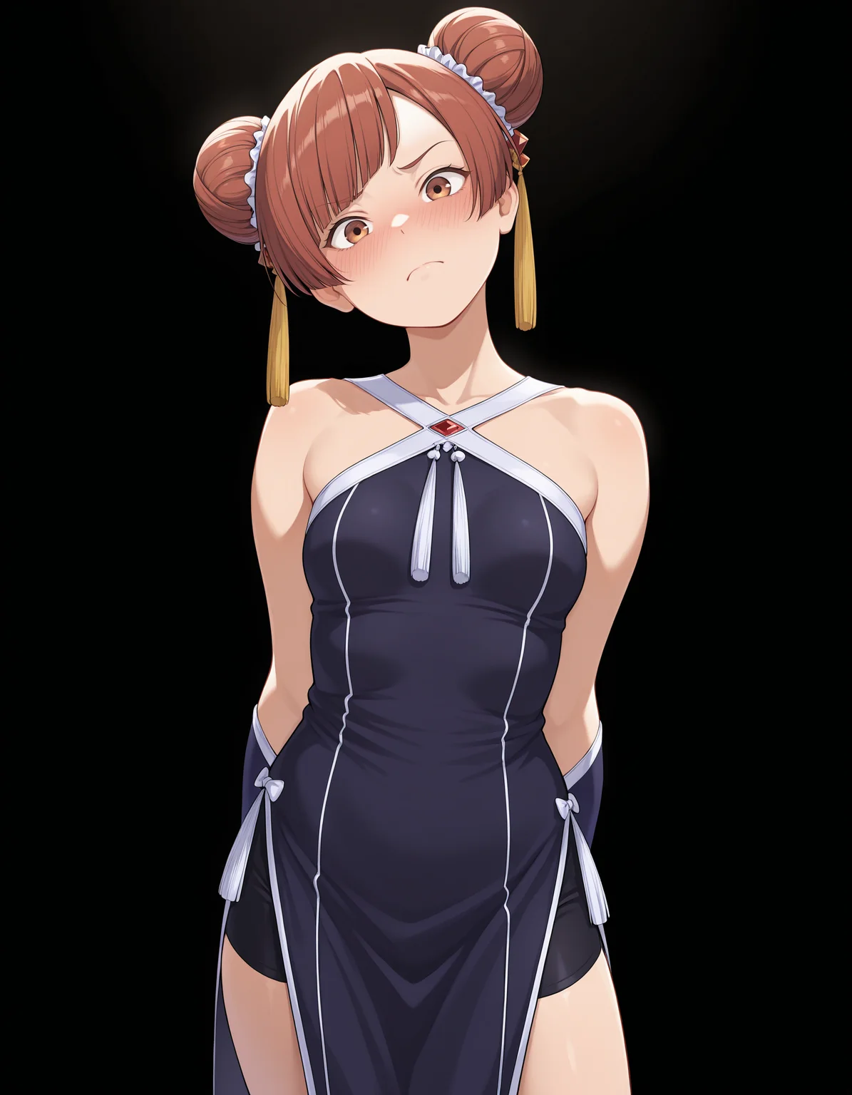 <lora:Laufen_1:1>1girl, solo,
lauf3n, hair bun, double bun, brown eyes, brown hair, swept bangs,
lauf3ndef, criss-cross halter, red gemstone, tassel hair ornament, bare shoulders, shorts under dress, black bike shorts, china dress, bridal gauntlets, blue boots,
standing, upper body, arms behind back, head tilt, body tilt, embarrassed, frown,
looking at viewer,
black background, simple background,
small breasts,, masterpiece, best quality, amazing quality