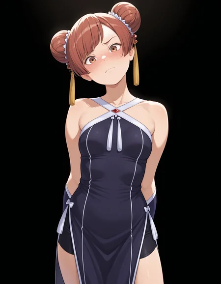 <lora:Laufen_1:1>1girl, solo,
lauf3n, hair bun, double bun, brown eyes, brown hair, swept bangs,
lauf3ndef, criss-cross halter, red gemstone, tassel hair ornament, bare shoulders, shorts under dress, black bike shorts, china dress, bridal gauntlets, blue boots,
standing, upper body, arms behind back, head tilt, body tilt, embarrassed, frown,
looking at viewer,
black background, simple background,
small breasts,, masterpiece, best quality, amazing quality