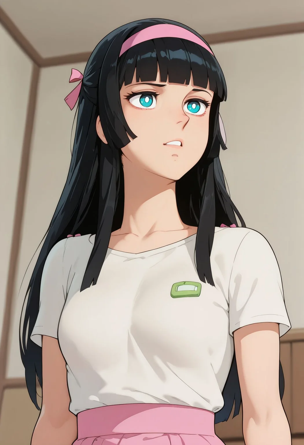 masterpiece,best quality,amazing quality, <lora:erika_daimos_ilxl_goofy:1> erikadaimos,1girl,solo,black hair,blunt bangs, blue eyes,white pupils, bright pupils, pink hairband,hair ribbon,long hair, casual