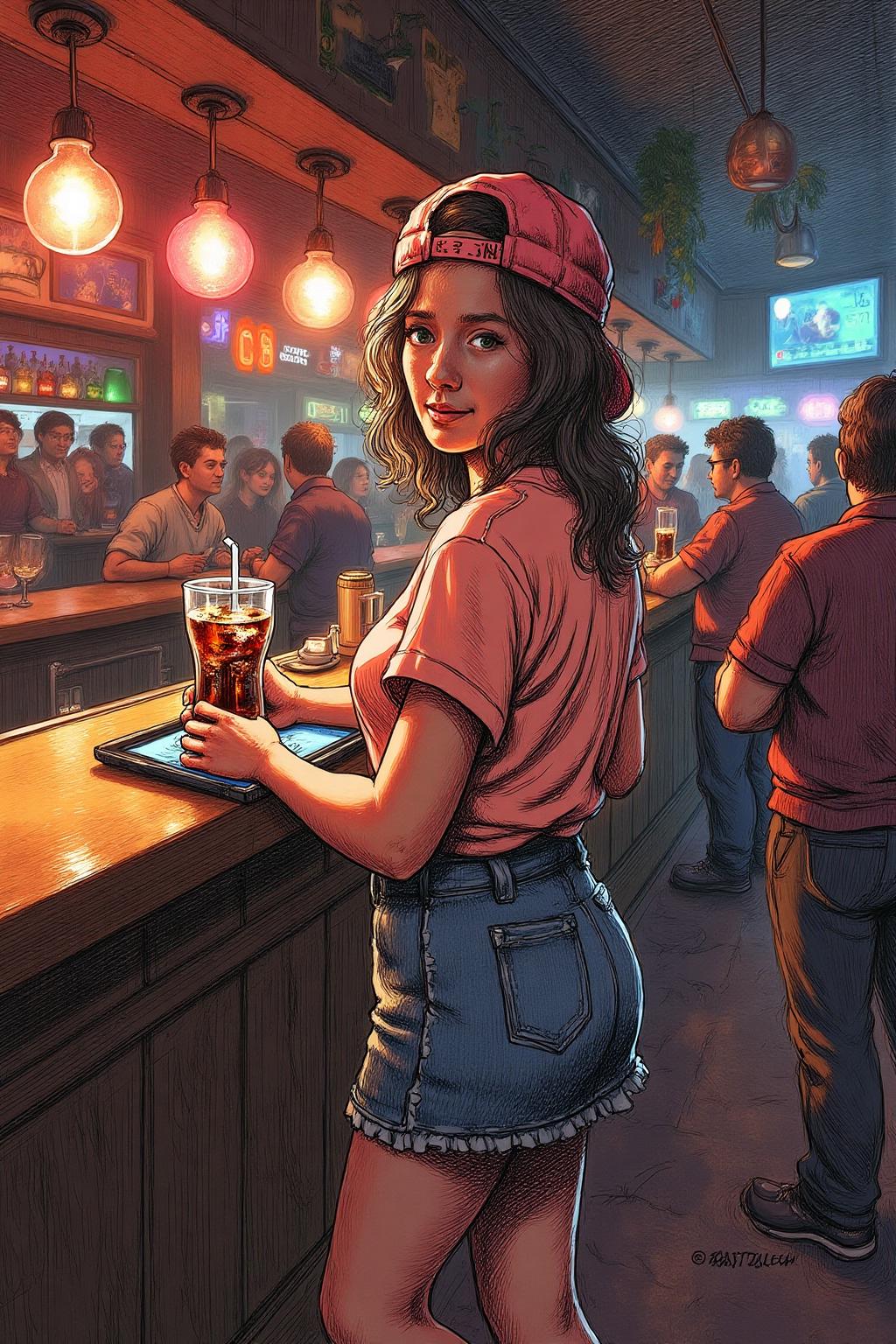 rembr1 etching. The air buzzes with the energy of a busy bar, a mix of music, conversation, and the clinking of glasses. A barmaid, the embodiment of youthful vibrancy, navigates the lively scene. She wears a peach-coloured T-shirt, the soft fabric contrasting with the smooth, cold glass of coke she carries on a small tablet. Her short skirt adds a playful touch, and a backwards baseball cap hints at a carefree attitude. The setting and atmosphere are palpable: the warm, slightly sticky surface of the bar counter under her fingertips, the dim, colourful lighting that casts playful shadows. Sensory details are abundant: the condensation forming on the glass of coke, the texture of her denim skirt, and the way the bar lights catch the highlights in her hair. Her confident stride, her quick smile, and her efficient movements. Stylistically, the image draws inspiration from the vibrant, candid shots of nightlife photographers, with a touch of the stylized realism found in contemporary illustration. There's a deliberate contrast between the barmaid's youthful energy and the slightly worn, lived-in atmosphere of the bar, creating a dynamic and engaging image.  <lora:rembr_etch4_cap_d6a3e11:1.0><lora:810545751642973546:0>