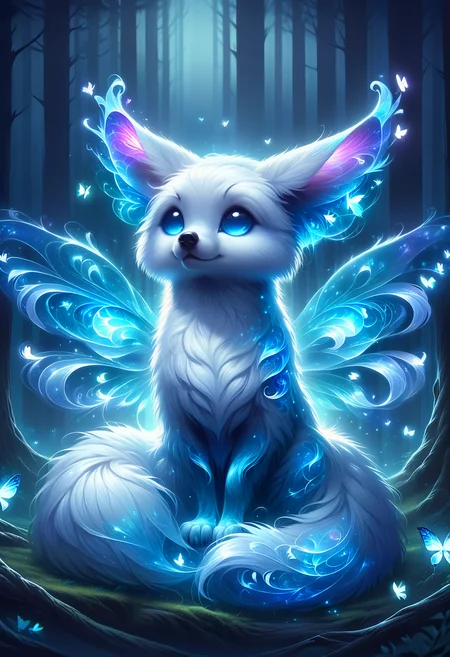 <lora:PonySpiritAnimals:1> Spirit animal, score_9, score_8_up, score_7_up, score_6_up, score_5_up, score_4_up, ethereal ghost baby fox, adorable, cartoon character, glowing blue eyes, glowing butterflies, night time fantasy forest, realistic, extremely detailed, no humans