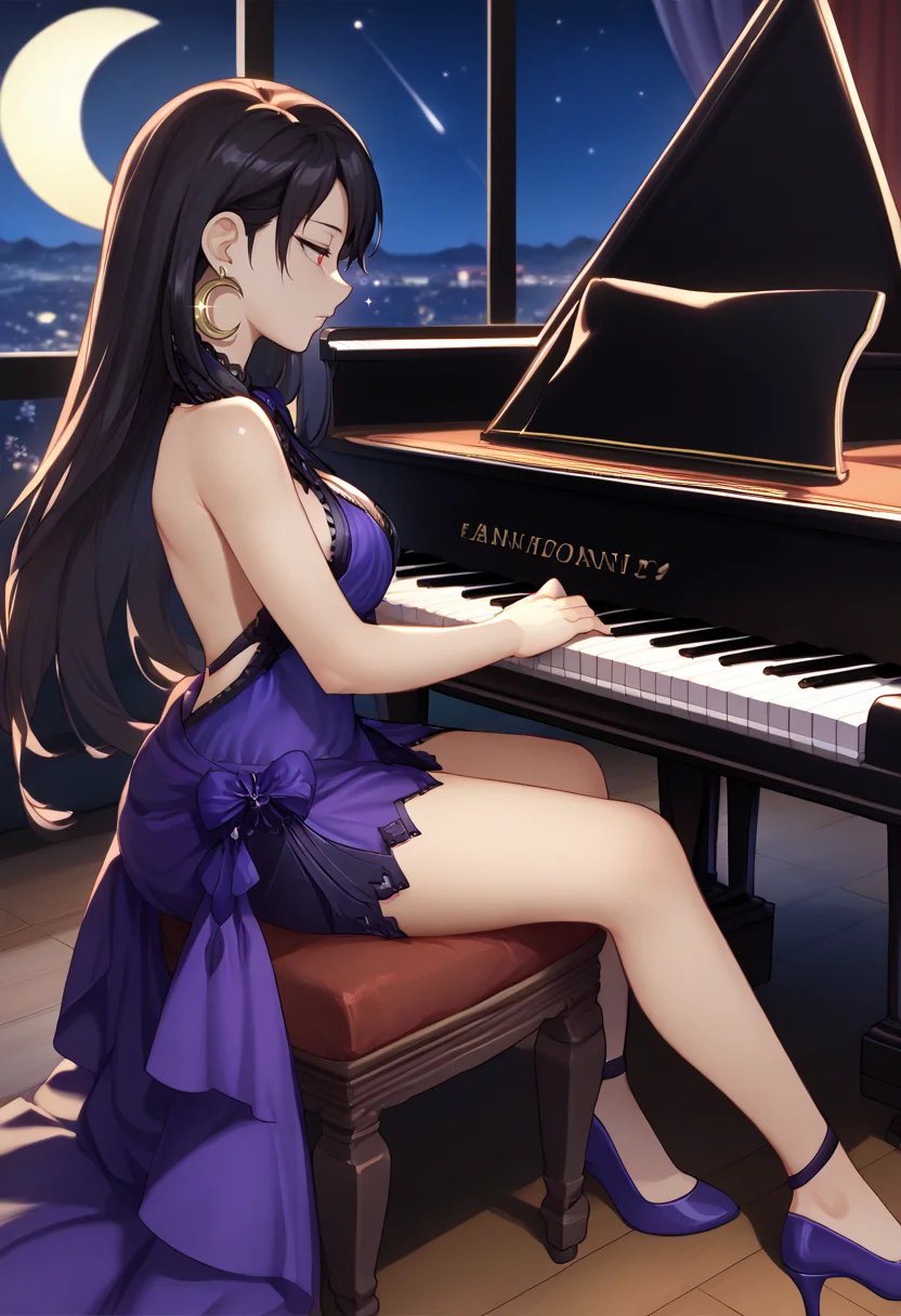score_9, score_8_up, score_7_up, source_anime BREAK 1girl, solo, <lora:grandpiano-concept-richy-v1_pdxl:1> grand piano, sitting, <lora:tifa-pdxl-nvwls-v1:1> mdTif, red eyes, black hair, long hair, crescent earrings, lace choker, cleavage, purple dress, sleeveless, short dress, purple high heels, full body, half-closed eyes, looking away, playing piano, <lora:try-artist-richy-v1_pdxl:0.8> from side, indoors, dark, darkness, night, night sky, window, black background, sparkle, moon, breasts, long legs