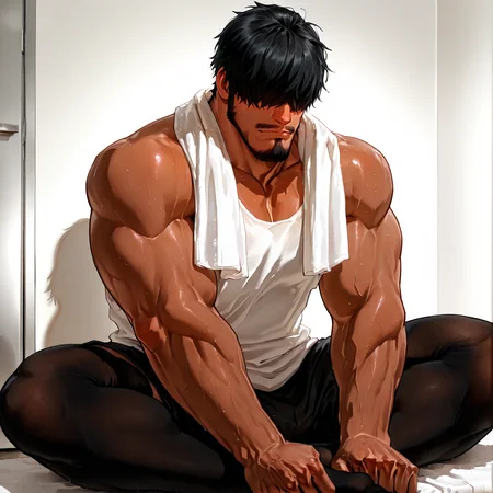 <lora:MobOji_v1-256:.7>, moboji_v1, black hair, thin mustache, goatee, beard, facial hair, sideburns, hair over eyes, bangs over eyes, dark skin, white tanktop, towel around neck, bare shoulders, no shoes, black legwear,
cowboy shot, sitting,
(very short hair), male focus, muscular male, bara, mature, (glossy skin, bara, mature, facial hair,), facial hair, bara, mature,  aixiwuganda_(20222192), very awa, masterpiece, best quality, absurdres, newest, perfect quality, detailed background, intricate details,<lora:slider_Body Type_alpha1.0_rank4_noxattn_last:1><lora:Anime Summer Days 2 Style SDXL_LoRA_Pony Diffusion V6 XL:.6> <lora:slider_cfg_scale_boost:.7><lora:Artist6p:.55>, Artist6p, Artist04p,<lora:slider_il_brightness_slider_d1:-.5><lora:slider_il_contrast_slider_d1:-.5>,<lora:slider_contract_controller_illus01_v1:.3>,<lora:slider_DarkSlider1.2_alpha1.0_rank16_full_300steps:-.3><lora:Heavenly_Beauty_r1:1>, (heavenlybeauty,)<lora:slider_style_strength_controller_illus01_v1:.25>