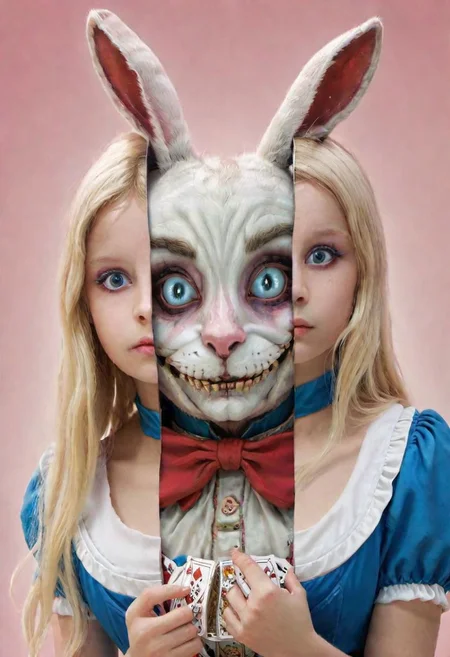 Split head and body of (Alice in Wonderland) inside White Rabbit