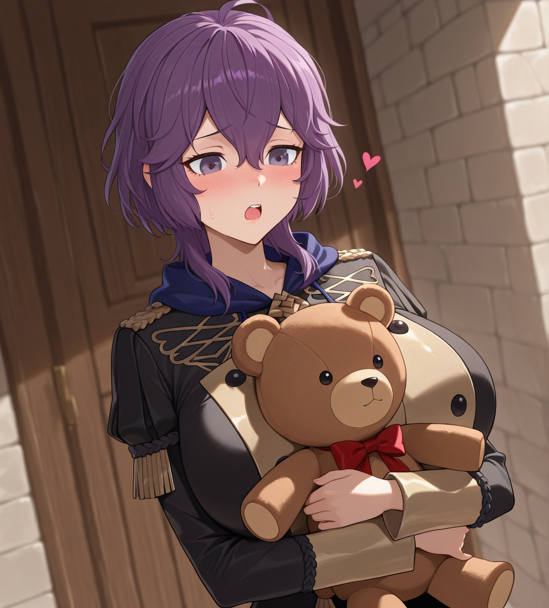 <lora:ããã³cosbi:1.1>,1girl, bernadetta von varley, wild hips, huge breasts, , fire emblem, fire emblem: three houses, blush, dutch angle, garreg mach monastery uniform, hair between eyes, heart, holding, holding stuffed toy, hugging object, open mouth, purple eyes, purple hair, ribbon, short hair, sidelocks, solo, stuffed animal, stuffed toy, teddy bear, upper body, 
animated, very awa, masterpiece, best quality, highres, absurdes,amazing quality,very aesthetic,intricate details,scenery