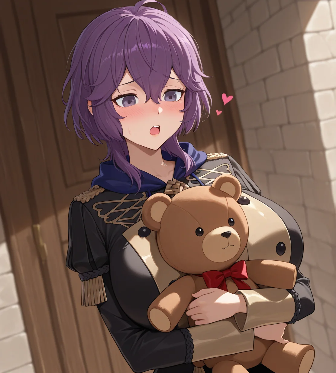 <lora:ããã³cosbi:1.1>,1girl, bernadetta von varley, wild hips, huge breasts, , fire emblem, fire emblem: three houses, blush, dutch angle, garreg mach monastery uniform, hair between eyes, heart, holding, holding stuffed toy, hugging object, open mouth, purple eyes, purple hair, ribbon, short hair, sidelocks, solo, stuffed animal, stuffed toy, teddy bear, upper body, 
animated, very awa, masterpiece, best quality, highres, absurdes,amazing quality,very aesthetic,intricate details,scenery