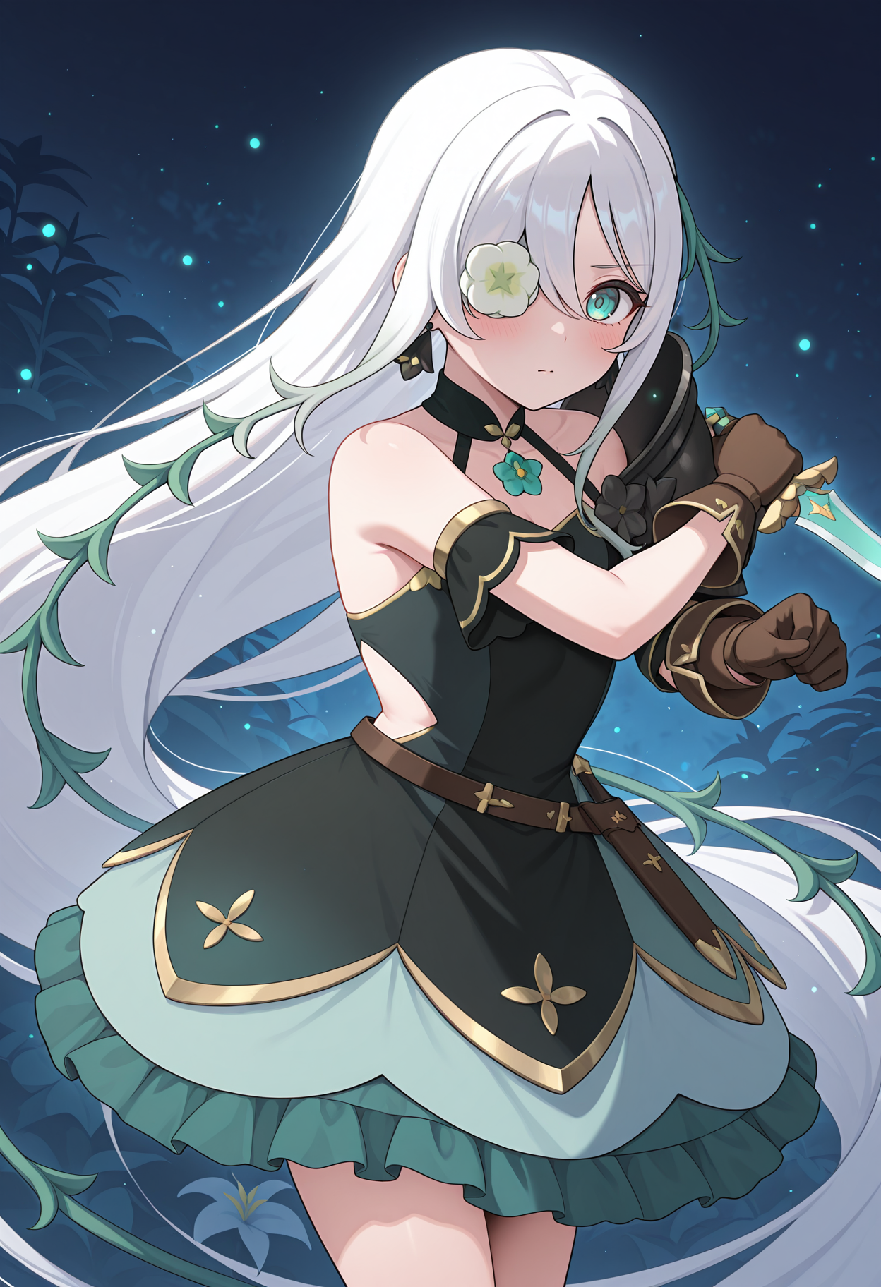 highres, best quality, masterpiece, night, outdoors,
1girl, solo, pcranmn, absurdly long hair, multicolored hair, white hair, hair over one eye, flower over eye, aqua eyes, hair vines,
panmndef, black earrings, two-tone dress, black dress, green dress, gold trim, sleeveless dress, bare shoulders, shoulder strap, plant strap, plant, detached sleeves, shoulder armor, single pauldron, flower, brown gloves, belt, green skirt, frilled skirt, side cutout,
blush, 
dynamic pose, holding dagger, fighting stance, floral background, light particles, legs together, 
<lora:_anemone_pcr-elesico-ilxlB:1>