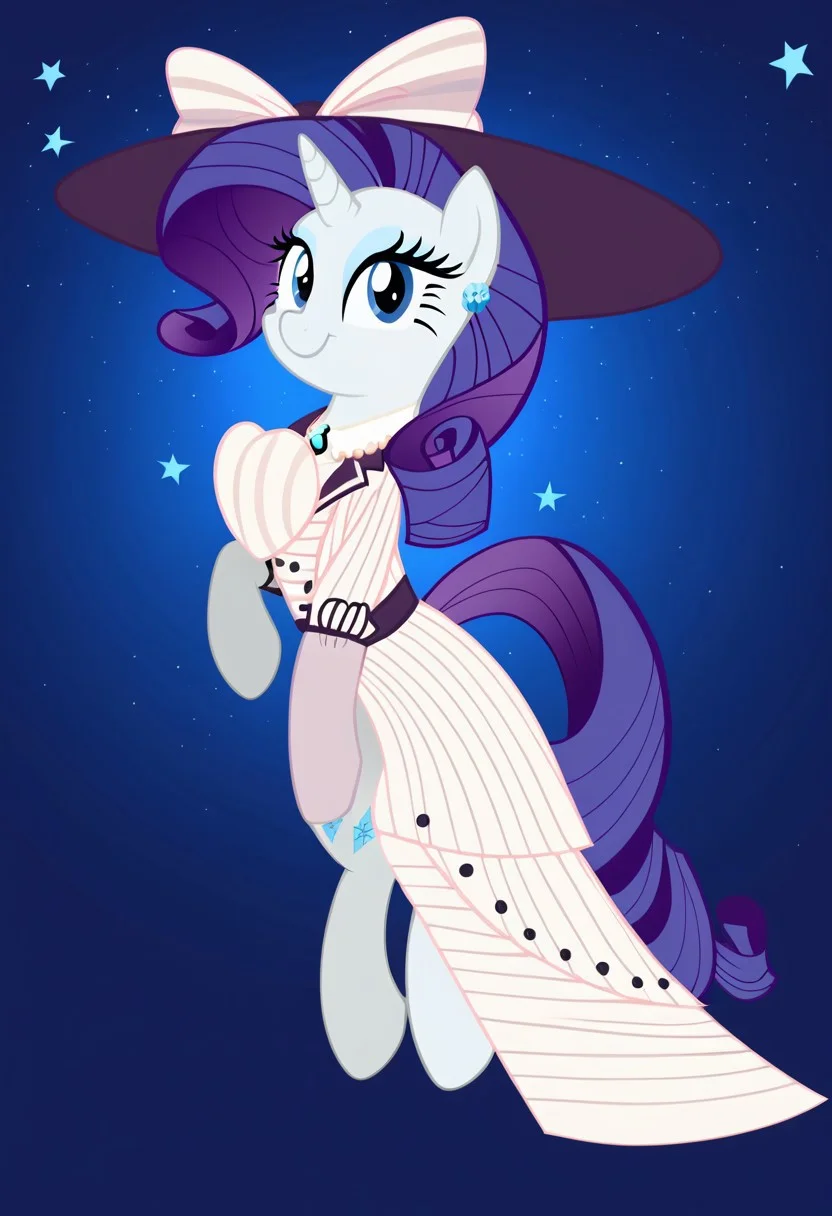 score_9,score_8_up,score_7_up,score_6_up,score_5_up,score_4_up,my little pony,((feral pony)),1girl,((solo)),(sexy),beautifully detailed,(detailed cute pony face),((detailed blue starry background:1.5)),((woman)),high angle,(cute smile:1),((up-close)) 1girl,((solo)),(sexy),full body,<lora:titanic:0.9>,Rarity,titanic,an elegant white striped dress with lilac details,a pink lilac hat with a wide brim decorated with a pink bow,earrings with blue stones,a pink tie with a blue crysta, heart-out-of-chest, HEARTBEAT BUSTY,
<lora:OtherStyle_01:1>,<lora:Wholesome_MLP-v1.0:1>,