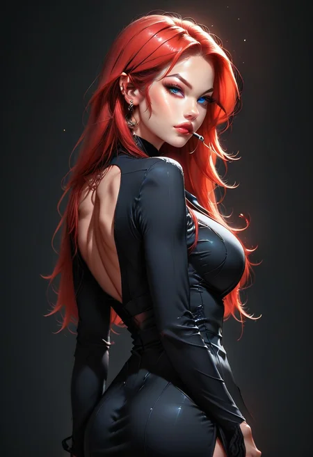 succubus ,score_9, score_8_up, score_7_up, rating_safe,girl,olz_anita1,seductive, cool, perfect body,Tilt head,2.5d,ornament,narrow waist,big breasts,long red hair large breasts,arching back,serious, glowing blue yes,Vertical slit pupils,
HI-res,masterpiece,black suit with shirt and slack,handsome appearance ,black neckties,Tomgirl ,back view,back,
simple background ,black background