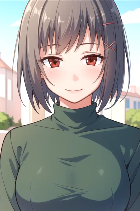 ((masterpiece)),(best quality),official art,extremely delicate and beautiful,extremely detailed CG,unity 8k wallpaper,ultra detailed,beautiful detailed eyes,extremely detailed face,outdoors,1girl,solo,upper body,(portrait:1.5),looking at viewer,facing viewer,smile,grey hair,medium hair,x hair ornament,hairclip,bangs,red eyes,green turtleneck,green shirt,long sleeves,large breasts,underbust,jeans,loafers,<lora:Girl(girl who is afraid of heat):0.8>,