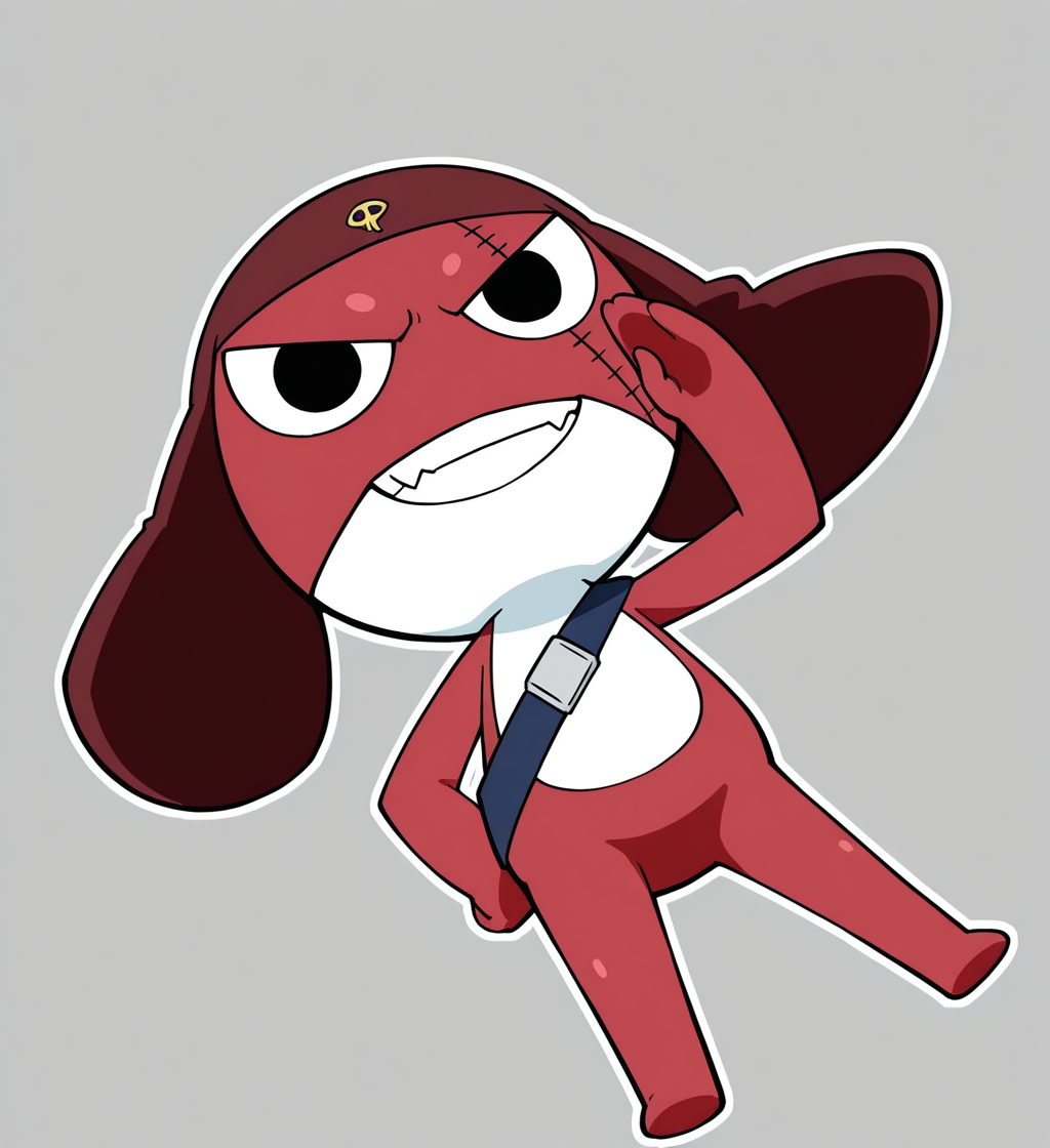 high resolution, best quality, 4k, dutch angle, flat colors, ((restricted palette, black and white and red, spot color)), outline, solo, toothy grin, fangs, male, front view, low-angle view, looking at viewer, salute, grey background, <lora:Giroro_-_Keroro_Gunsou:1> giroro, semi-anthro, chibi, keronian, floppy cap, face scar, eye scar, black eyes