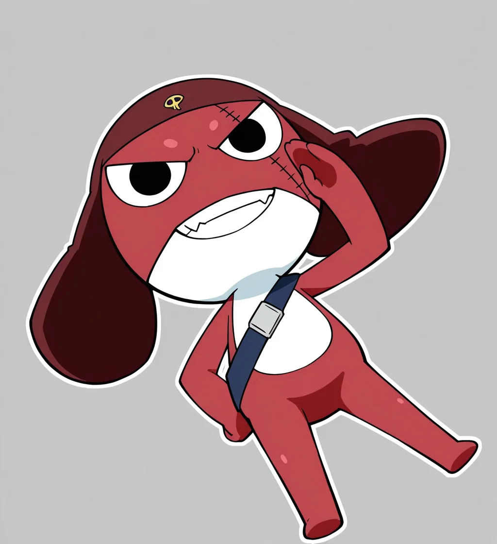 high resolution, best quality, 4k, dutch angle, flat colors, ((restricted palette, black and white and red, spot color)), outline, solo, toothy grin, fangs, male, front view, low-angle view, looking at viewer, salute, grey background, <lora:Giroro_-_Keroro_Gunsou:1> giroro, semi-anthro, chibi, keronian, floppy cap, face scar, eye scar, black eyes