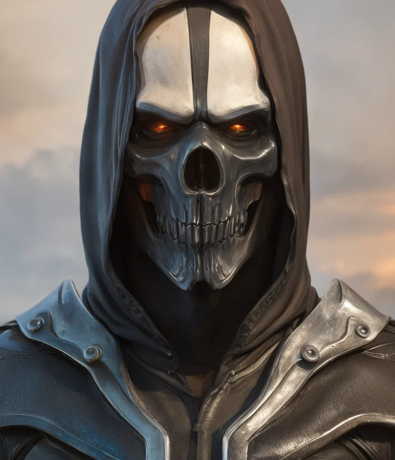 A realistic detail of a mid-range:3, full-torso:3 character portrait of a(n) (CHV3CCyberpunk.grim reaper) costume with artistic scenery in the background, trending on artstation, 8k, hyper detailed, artstation, concept art, hyper realism, ultra-real, digital oil painting, cinematic, art award, highly detailed, attractive face, facial expression, professional hands, professional anatomy, 2 arms