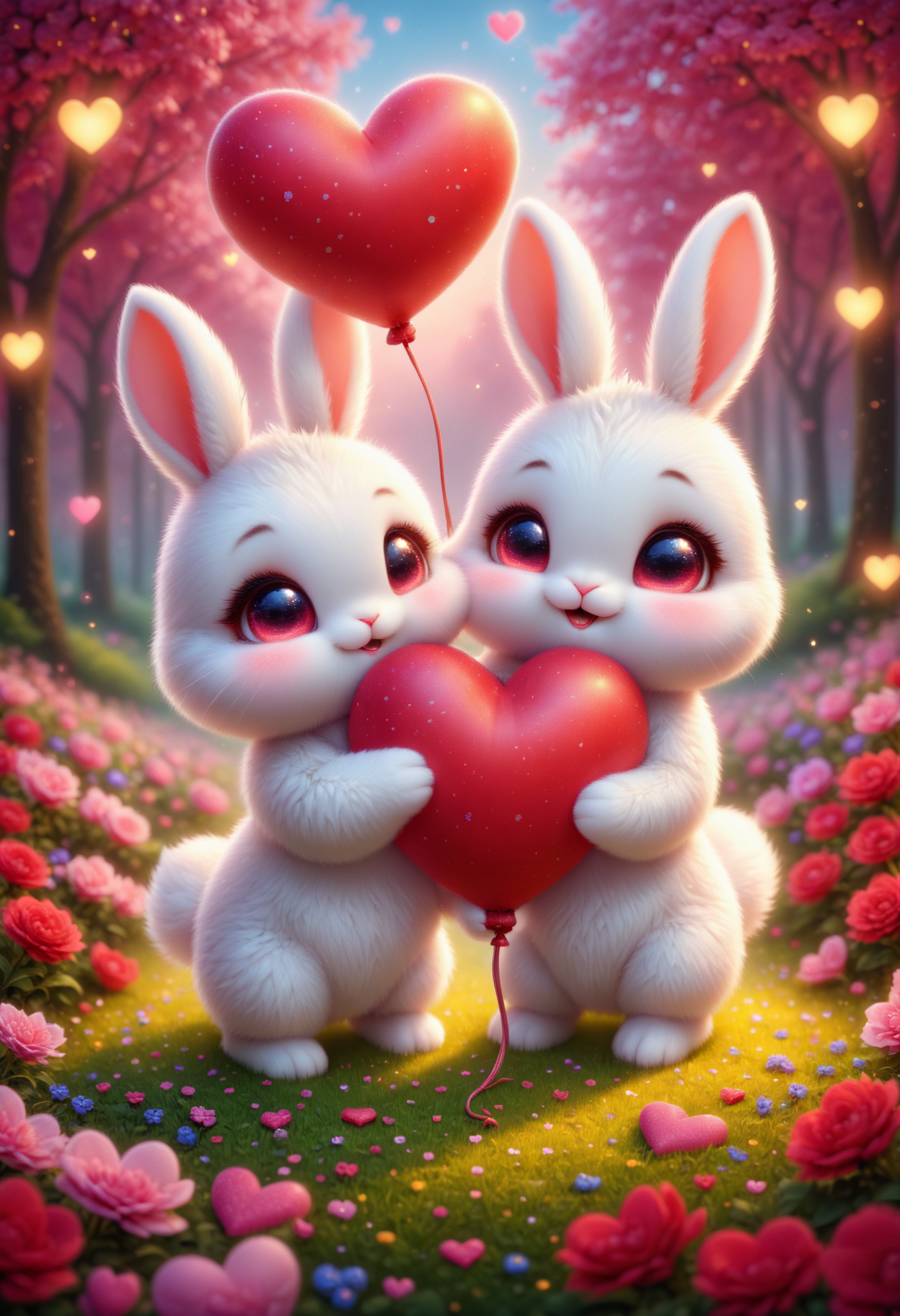 Two fluffy white bunnies holding a giant heart-shaped balloon in a garden full of colorful flowers, blushing with sparkly eyes, surrounded by floating red hearts. (incredibly absurdres, ultra-detailed, CG, unity, 8k wallpaper), (masterpiece), pinkchibivalentine, <lora:PinkieChibiValentineSDXL:1>,