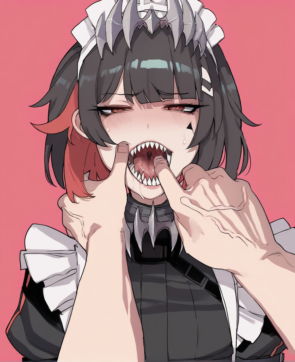 score_9. score_8_up. score_7_up, <lora:ratatatat74:1> , ratatatat74,  score_9, ratatatat74, 1girl, large breasts, sharp teeth, maid headdress, black hair, red eyes, finger in another's mouth, saliva, open mouth, multicolored hair, tail, red hair, short sleeves, looking at viewer, solo focus, colored inner hair, tongue, simple background, pink background, mouth pull, maid apron, blush, short hair, puffy sleeves, pov, sweat, upper body