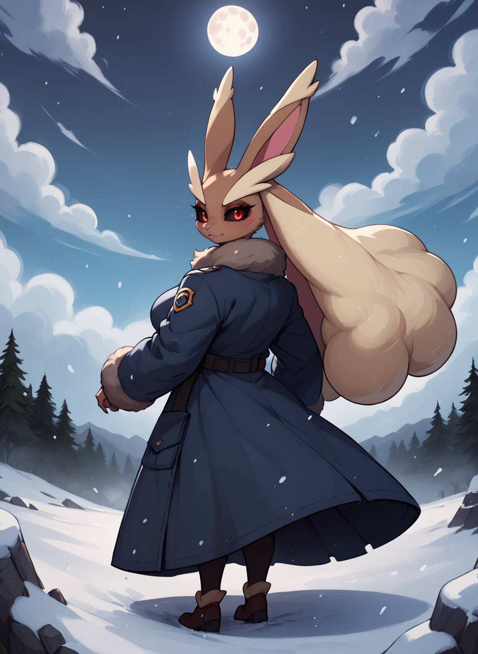 score_9, score_8_up, score_7_up, score_6_up, score_5_up, score_4_up, <lora:LopunnyPXL:1> LopunnyPXL, anthro, red eyes, black sclera, big breasts, makeup, mascara, winter coat, snowy moutain, peak of the mountain, moutain summit, summit, very top of the moutain, peak, wind, snowstorm, clouds, fog, high sky, night, turned back, looking back, full moon, full body
