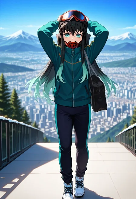 masterpiece, best quality, , , , depth of field, 1boy, solo, male focus, <lora:muichirou_tokitou_ilxl:0.94>, muichirou_tokitou, black hair, aqua eyes, long hair, bangs, hair between eyes, sidelocks, multicolored hair, two-tone hair, gradient hair, aqua hair, asymmetrical, mountaintop city, noon, arms above head, smile, Ski pants, Performance polo, Canvas sneakers, , School Bag and andFace Hugger Mask (from sci-fi)