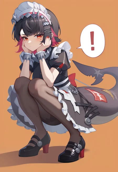score_9,score_8_up,score_7_up,<lora:ellen_joe_pony:1>,highres, spoken_expression, squatting, ellen_joe, hand_on_own_cheek, mole_on_arm, maid_headdress, orange_background, black_pantyhose, black_dress, fins, :t, 1girl, mole_under_eye, full_body, puffy_short_sleeves, absurdres, frilled_dress, shoes, solo, closed_mouth, legs