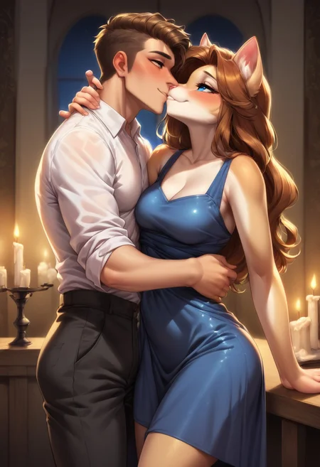 score_9, score_8_up, score_7_up, e621, sexy anthro cat kissing human male, (anthro cat has a pretty face, cute, horny, summer dress, smiling, long hair, medium breasts, clothed female, elegant blue night dress, blue night dress), male human, (1boy, human male, shy, black pants, white shirt), kissing, living room, candles, dark room, perfect eyes, furry girl, furry, anthro, side view, identical height, beautiful face, 1girl, 1boy, romantic couple