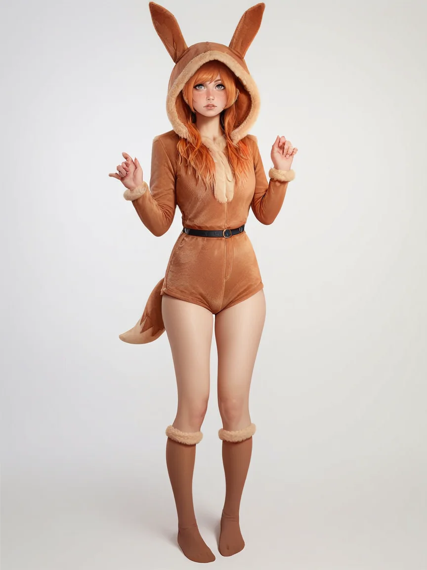 score_9, score_8_up, score_7_up, score_6_up, score_5_up, score_4_up, 1girl, <lora:33v33XLP:0.6> 33v33, onesie, ears, tail, knee high socks, hood up, full body, ginger hair, long hair, curvy