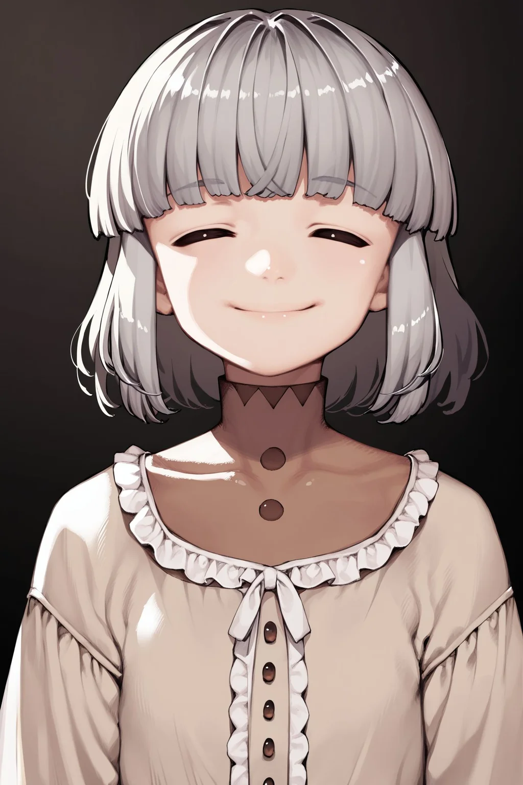 score_9, score_8_up, score_7_up, 1girl, closed eyes smile, grey hair, fringed_bangs, dark brown eyes, flat chest, beige clothes, bright <lora:Yoshikazu_Hamada_PonyXL_style_v01:1>