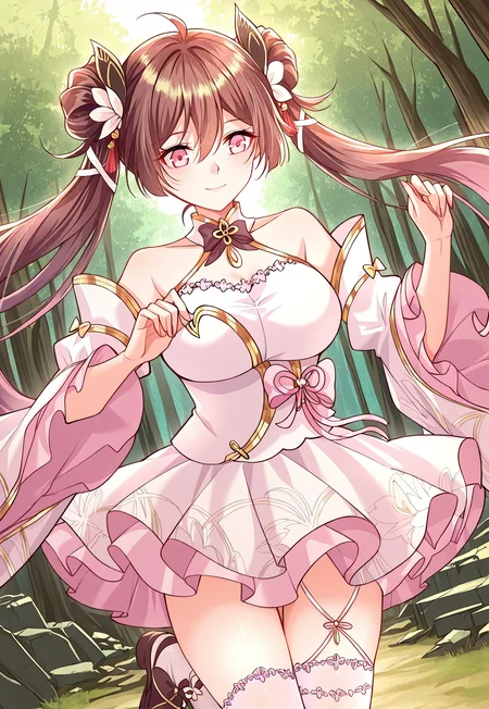 <lora:It_Starts_With_The_Confession_To_The_Beauty_Master__Zhang_Luoyan:1>
1 girl, solo, long hair, brown hair, twin tails, hair buns, pink-red eyes, hair between eyes, twin buns with ribbons, floral ornaments,
white frilled dress, short skirt, detached sleeves, layered sleeves, pink waist ribbon, large chest bow, golden trim, layered fabric, white thigh-high stockings, garter straps,
flower anklets, platform sandals, strappy shoes, bow-tie heels, petal-shaped hem,
score_9, score_8_up, score_7_up, very aesthetic, source_anime, detailed, high quality, beautiful, masterpiece, detailed eyes, forest, tree, ruins, cowboy shot, dynamic angle, upper body, light smile, dynamic pose