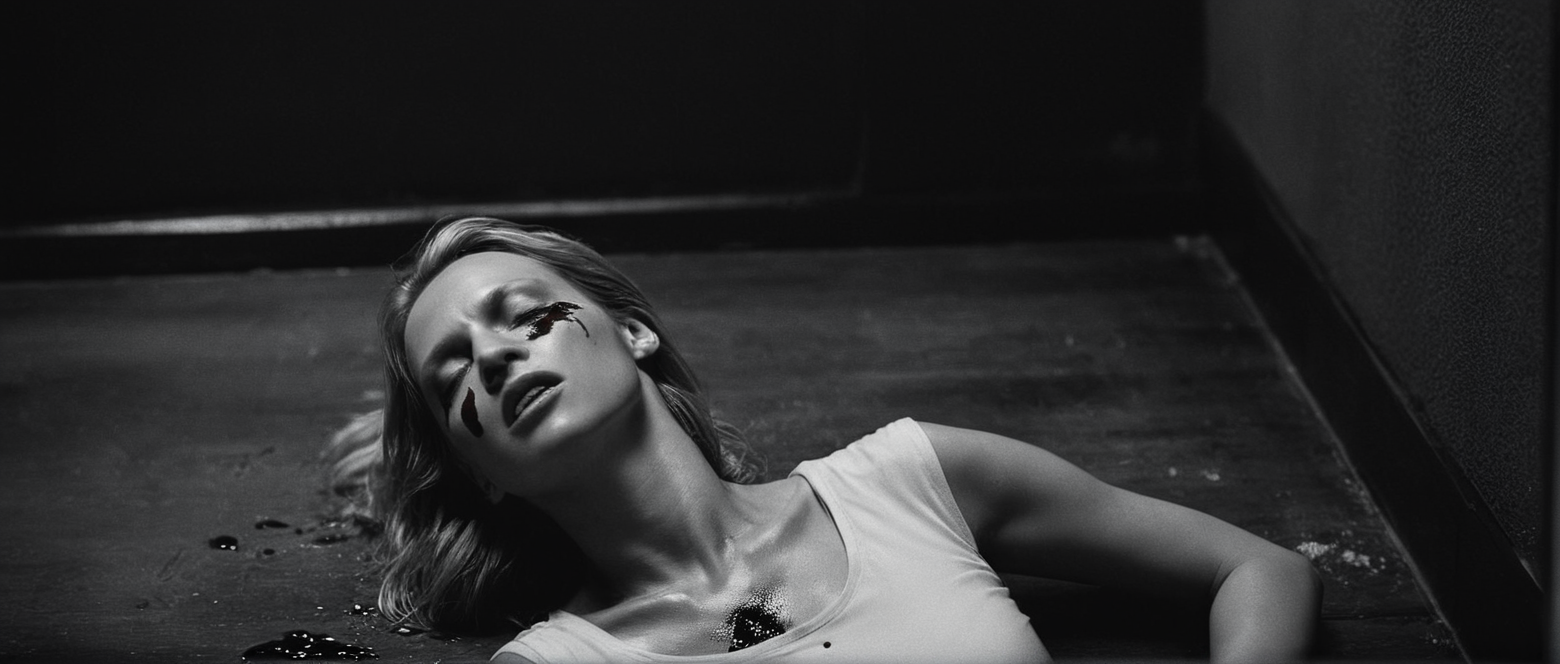 cinematic film still of  <lora:Kill Bill style:1>
From above, Cinematic film image of The Blonde a woman with a bloody face lying on floor,1girl,solo,1boy,closed mouth,monochrome,closed eyes,greyscale,male focus,blood,portrait,blood on face,realistic , Kodak film grain, dramatic light, dramatic shadow light, contrast, saturated color, cinematic, filmic, motion picture, realistic, realism, perfection, perfect, deep focus, clean image, Kill Bill style, Kill Bill Film Style, shallow depth of field, vignette, highly detailed, high budget, bokeh, cinemascope, moody, epic, gorgeous, film grain, grainy