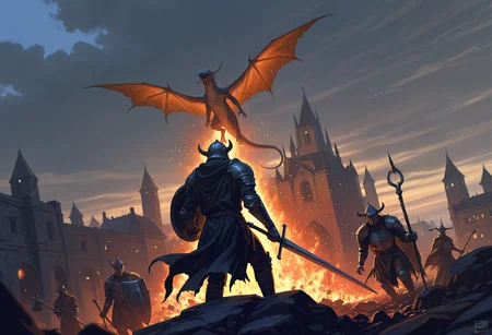 TS-Illu, fantasy, dungeons_&_dragons, chiaroscuro, realistic, photo_reference, critical_role, best quality, painterly, cowboy shot, blurry, bokeh, best quality, highly detailed, high-resolution, absurdres, contrapposto, amazing quality, very aesthetic, absurdres, newest, scenery, vignetting, dutch angle, depth of field, soft luminescent glow, photo-referenced))
1girl, open_mouth, hat, photoshop_(medium), 1boy, original, holding, standing, tail, weapon, wings, multiple_boys, sky, outdoors, horns, sword, cloud, 2boys, cape, armor, from_behind, holding_weapon, coat, glowing, holding_sword, helmet, fire, cloudy_sky, polearm, staff, gauntlets, building, shoulder_armor, scenery, glowing_eyes, flying, spear, shield, pauldrons, monster, bow_(weapon), rock, city, breastplate, dragon, arrow_(projectile), fantasy, holding_staff, battle, cityscape, axe, huge_weapon, pixiv_fantasia, holding_polearm, knight, full_armor, glowing_weapon, holding_shield, debris, embers, red_sky, destruction