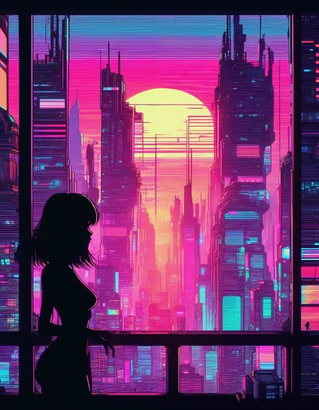 glitch art, glitches, artifacts, anime style, 90s anime, retro, pixels, flat colors, line art, silhouette, side view, young woman, shorter black hair, large breasts, large nipples, standing at the window, overlooking a endless sci-fi city, gigantic futuristic buildings, colorful neon lights, sunset, fog, chromatic aberration, heavy film grain