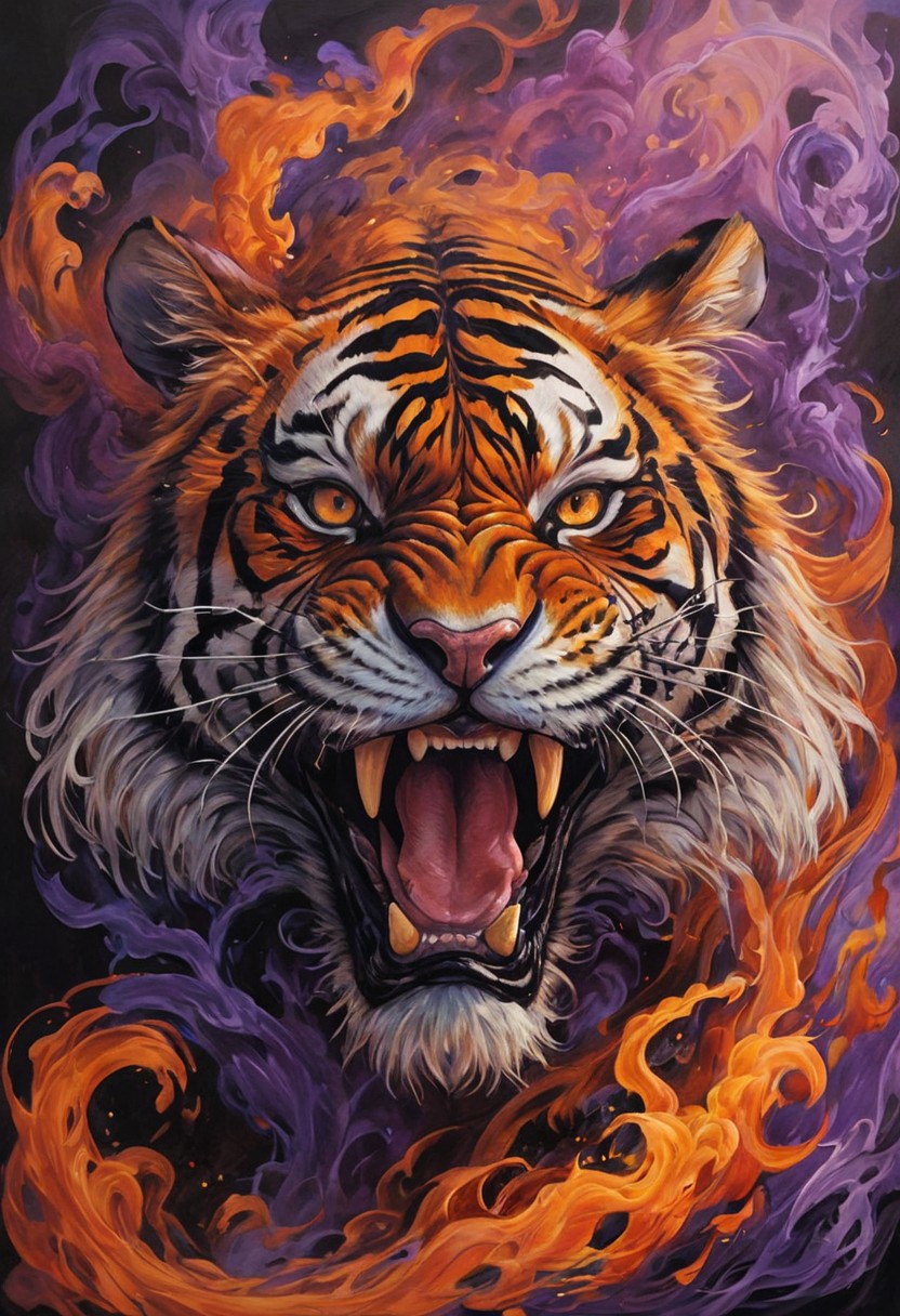 Create a stunning and dynamic image of a tiger formed entirely from vibrant flames and swirling smoke. The tiger should appear fierce and majestic, with its body composed of intricate patterns of fire that glow in shades of orange, red, and yellow. Incorporate twisting colors throughout the flames, such as deep blues, purples, and greens, to create a mesmerizing effect. The smoke should billow around it, with wisps of gray and black adding depth and contrast. The background should be a dark, dramatic setting that highlights the fiery tiger, evoking a sense of power and wildness, while the twisting colors enhance the overall sense of movement and energy.
style of greg rutkowski,janek sedlar,jenny saville:0]  detailxl,<lora:vivid_everclear:0.35>  <lora:Sinozick:0.35>  <lora:MJ52:0.35>