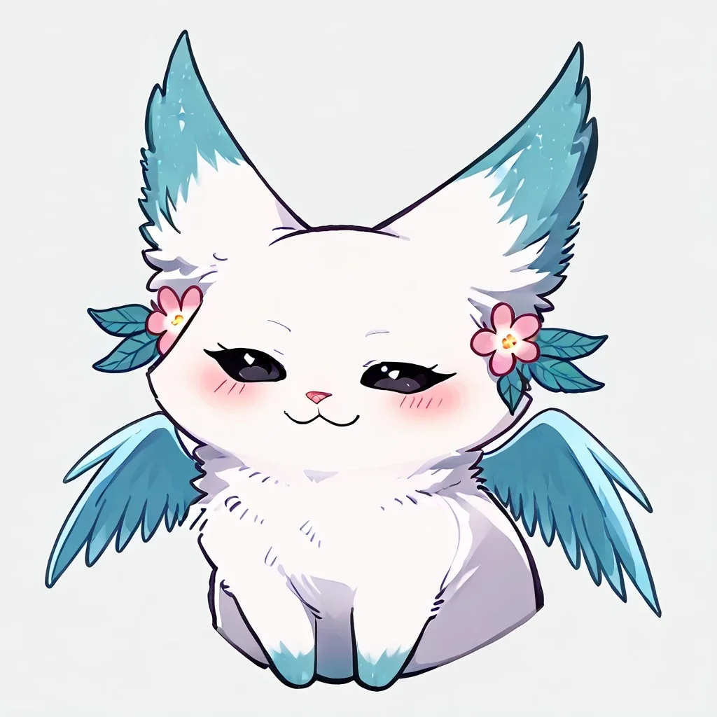 Minto, white fur, black sclera, black eyes, pink nose, paws, tail, turquoise edges at the ears, wings