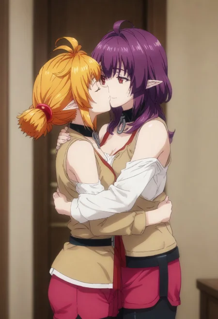 score_9, score_8_up, score_7_up, source anime, prefect lighting, very aesthetic, BREAK, anime screencap.
BREAK
1st girl= Roxanne, blonde hair, brown eyes, orange hair, shiny hair, dog girl, floppy ears, soft smile.
BREAK
2nd girl= Sherry, short hair, red eyes, twintails, purple hair, small breasts, pointy ears, soft smile.
BREAK
2girls hug and kiss each other tightly.
BREAK
2girls hug and kiss each other tightly.