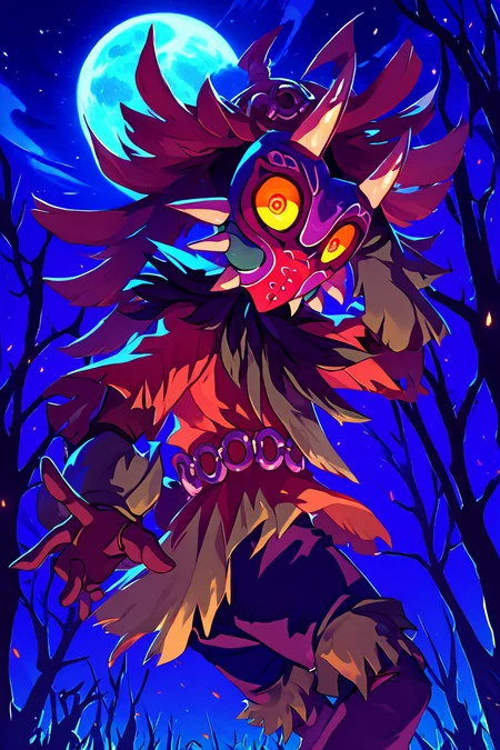 score_9, score_8_up, score_8, BREAK, , zzMajora, solo, spikes, yellow sclera, 1boy, mask, horns, glowing eyes, looking at viewer, male focus, outdoors, sky, tree, no humans, night, moon, night sky, full moon, <lora:MajoraZelda_PDXL:0.8>, , BREAK, smile, looking at viewer, cowboy shot, ,,, embedding:zPDXL, <lora:theButcherXPDXL:0.8>,