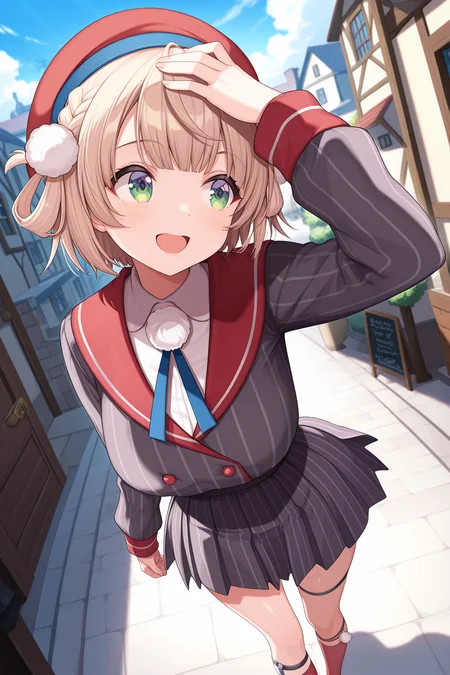 1girl,
ShigureUiVTuber1stCostume, 
safe, solo, perspective, dynamic angle, from above, half body,
beret, side braid, hair rings, pom pom hair ornament,
shiny hair, \:D,
red sailor collar, neck ribbon, pom pom (clothes),
vertical stripes, striped jacket, large breasts,
puffy sleeves, collared shirt, 
striped skirt, legwear garter,
walking, hand on own head, looking away,
town, street, blue sky, wind, 
<lora:kp_ShigureUiVTuber1stCostumeIllustrious_v1_0:1.0>,
masterpiece, best quality, amazing quality