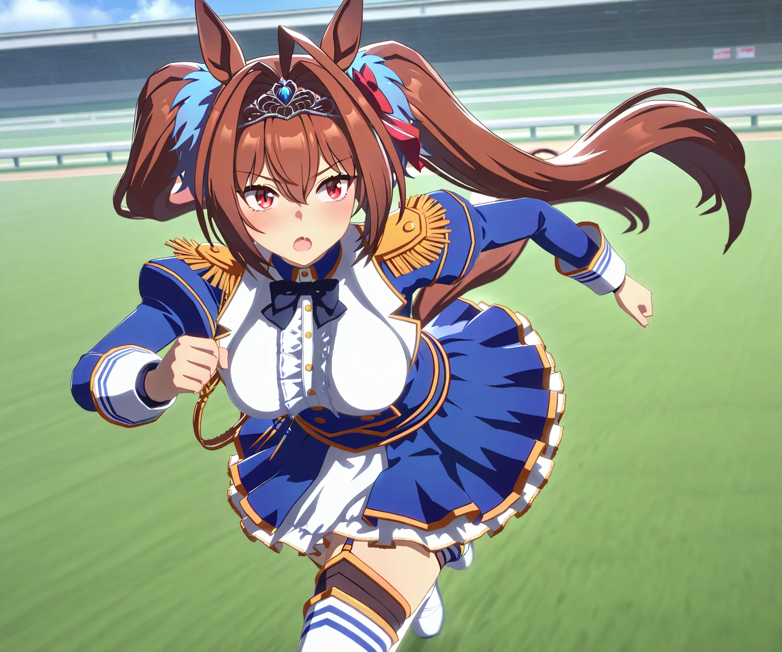 masterpiece, best quality, amazing quality, , 1girl, solo,  umamusume, racetrack, running,    <lora:Daiwa Scarlet in game style 3D:1> ummsmingame, 3d, daiwa scarlet \(umamusume\),