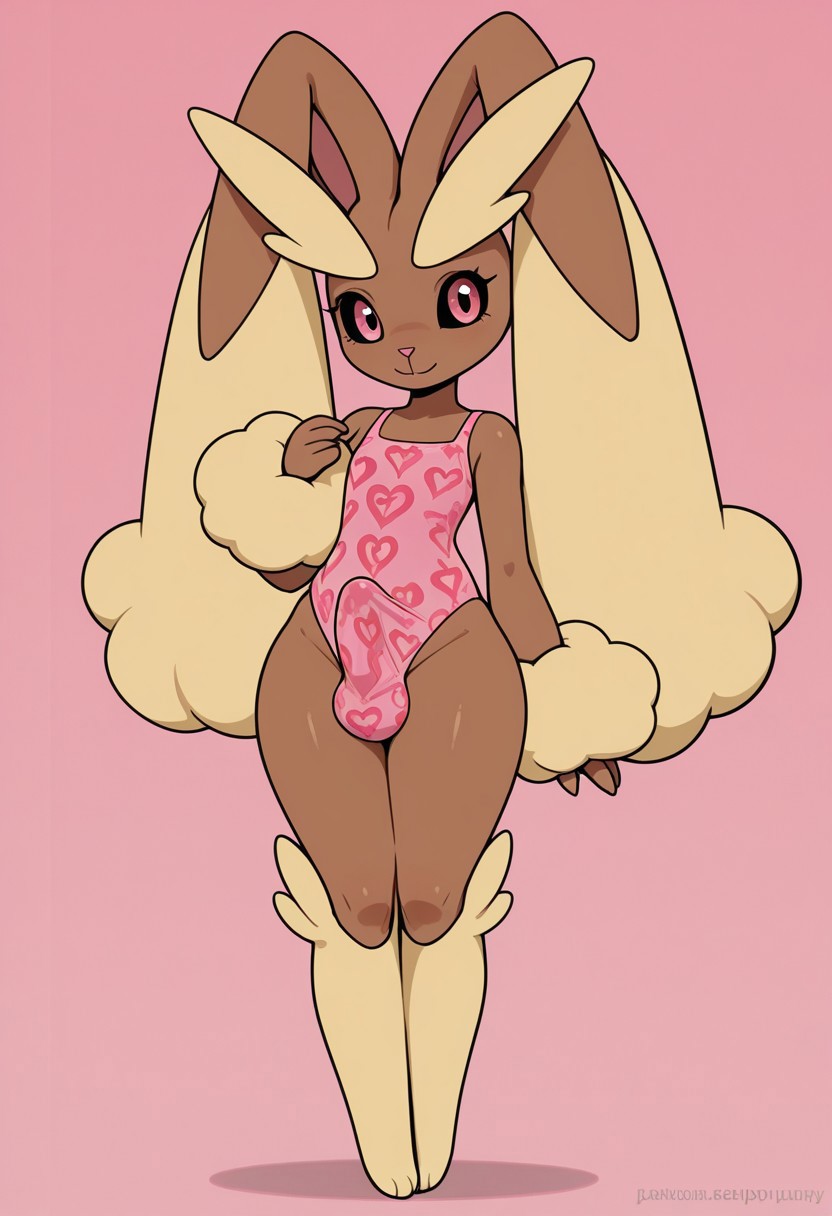 solo, lopunny, erection under clothes, futanari, Heart stamped leotard, full body, looking at viewer