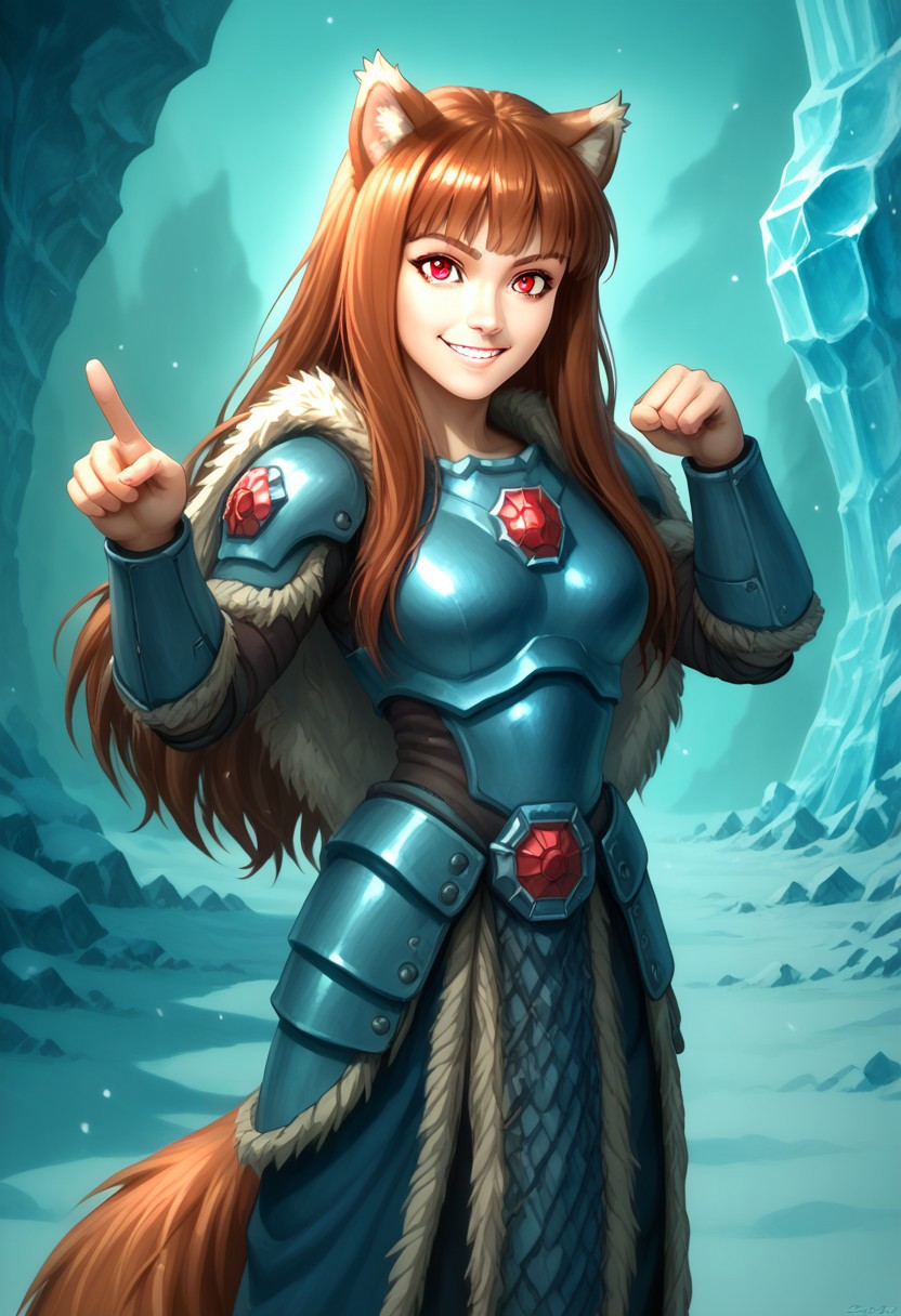 score_9, score_8_up, score_7_up, masterpiece, perfecteyes, holo, brown hair,long hair,red eyes, wolf girl,wolf ear,wolf tail, solo, , looking at the viewer, detailed background, wearing power armor, spcwlf, , proud smile, she feel pumped up and heroic, ice, snow, icy cavern, outdoors, fur cloak, holo in spcwlf armor, pointing at the viewer with one hand while her other hand in akimbo pose, she says "Afraid not citizen, holo protects", heroic pose, full body
