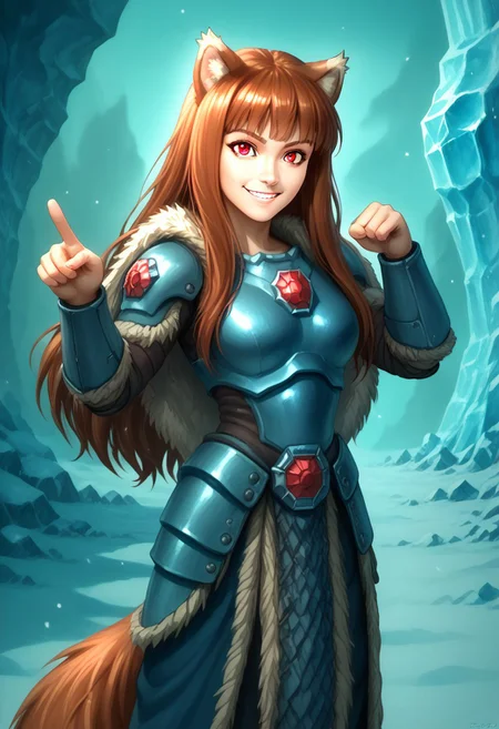 score_9, score_8_up, score_7_up, masterpiece, perfecteyes, holo, brown hair,long hair,red eyes, wolf girl,wolf ear,wolf tail, solo, , looking at the viewer, detailed background, wearing power armor, spcwlf, , proud smile, she feel pumped up and heroic, ice, snow, icy cavern, outdoors, fur cloak, holo in spcwlf armor, pointing at the viewer with one hand while her other hand in akimbo pose, she says "Afraid not citizen, holo protects", heroic pose, full body
