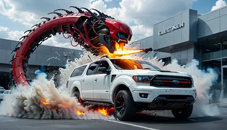 <lora:Electric Alien - Trigger is ElectAlien Artstyle:1> electalien artstyle robot alien destroying a Ford 150 truck in a car dealership with his electric whipping tail extensions. Photorealistic. Film scene. Red appendages, hot molten arms impaling a decrepit yellow schoolbus. Crushe.d. Explosion artstyle, <lora:Explosion Artstyle - Trigger is Explosion Artstyle:1>