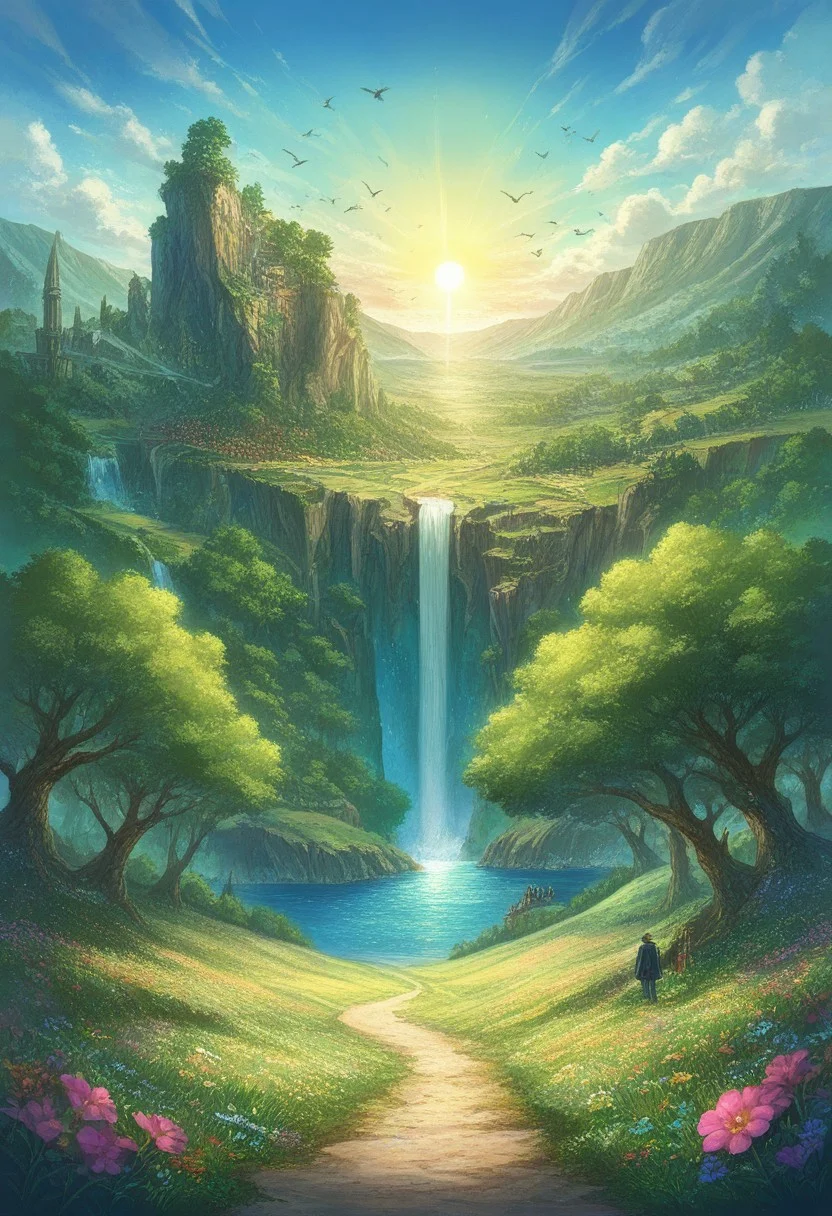 prefect lighting,very aesthetic,prefect hands,best quality,
intricate details,((highly detailed background)),(masterpiece:0.9),high quality, masterpiece,best quality,ultra-detailed, st_landscape, scenery, road, fantasy, flowers, meadows, birds, sun, forest, trees, beautiful, day, sea, waterfall, colored, light, cliffs
