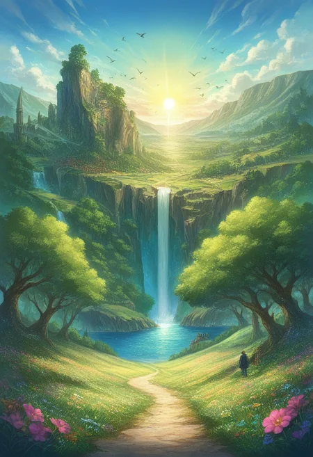prefect lighting,very aesthetic,prefect hands,best quality,
intricate details,((highly detailed background)),(masterpiece:0.9),high quality, masterpiece,best quality,ultra-detailed, st_landscape, scenery, road, fantasy, flowers, meadows, birds, sun, forest, trees, beautiful, day, sea, waterfall, colored, light, cliffs