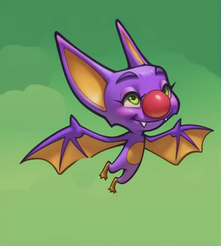 score_9, score_8_up, score_7_up, score_6_up, score_5_up, score_4_up, high res, digital media (artwork), absurd res, 2d, hearts around head, source_furry, <lora:Yooka_and_Laylee_-_Kracklestone_Designs:1> laylee, bat, feral, membranous wings, winged arms, big ears, big nose, red nose, purple skin, yellow feet, fangs, green eyes, spread wings, green background, looking up, smile, head back, side view, full body, spotlight
