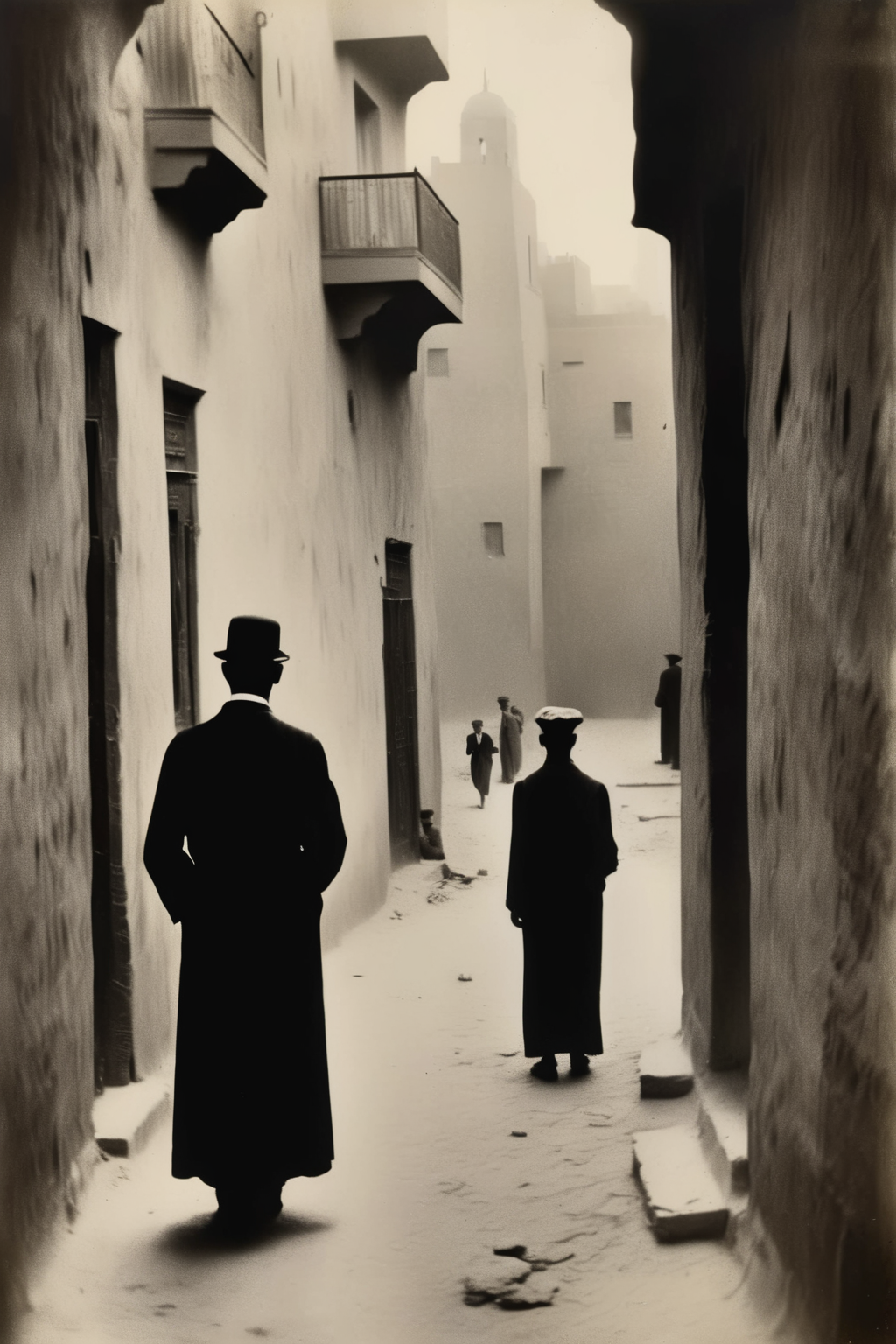 <lora:Ando Fuchs Style:1>Ando Fuchs Style - Generate an image of the man, choosing to return to the woman in an attempt to quiet her complaints, seen from behind in the winding streets of 1924 Egypt. The image should convey a sense of cautious decision.