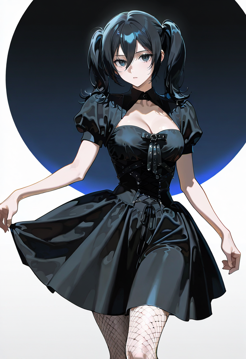 1girl,solo,looking at viewer, echo (circa),mg dress, black dress, puffy short sleeves, fishnet pantyhose, mikasa_ackerman,twintails,